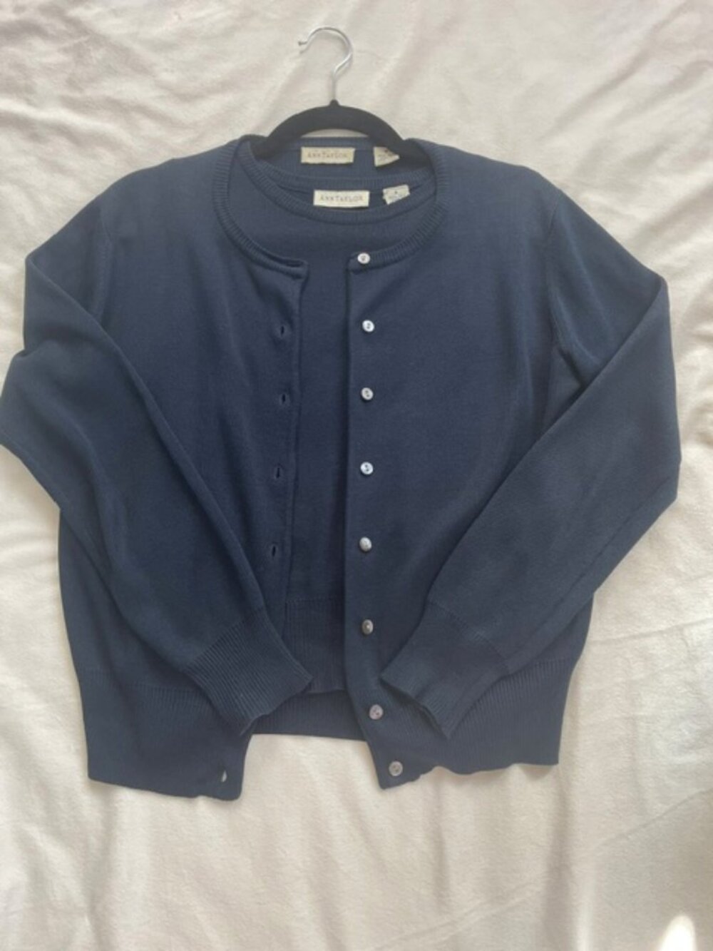 Ann Taylor Cardigan and Tank Sweater Set Women's 100% Silk Navy Blue, Size S